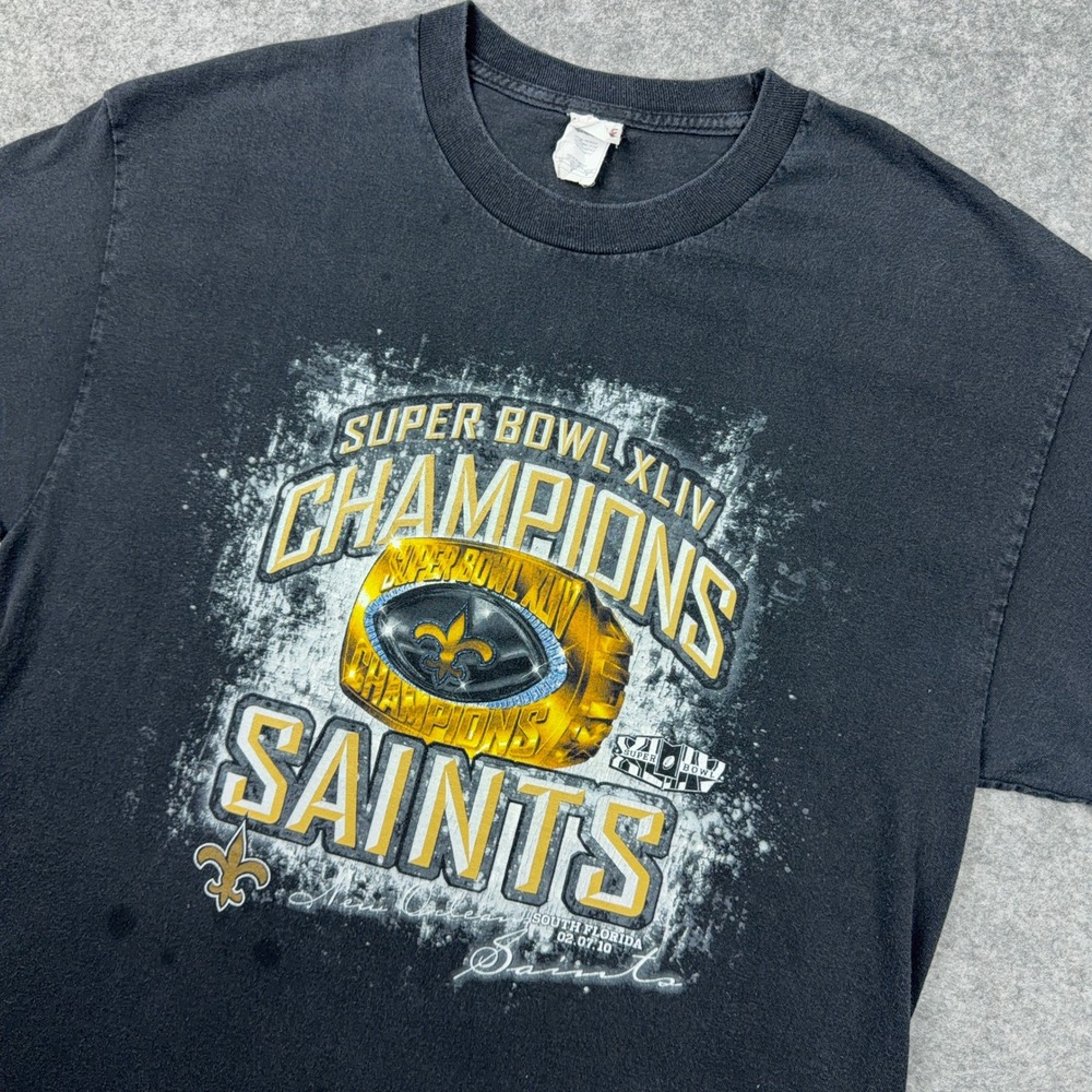 New Orleans Saints T Shirt Mens Large Black 2010 Super Bowl XLIV Champions NFL